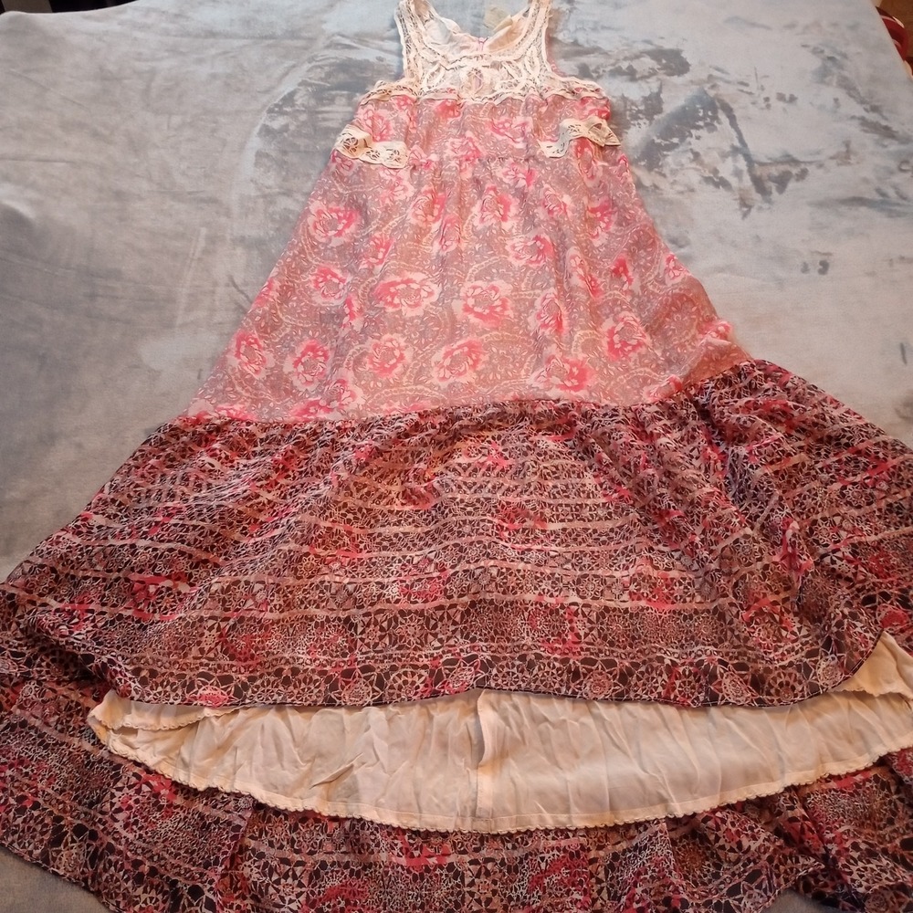 Free People Native Rose Dress Pink Lace Bohemian Midi Patchwork‎ Size 4 Boho